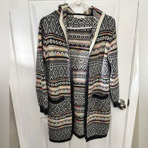Monteau Aztec Long Open Cardigan Hooded Sweater with Pockets Size Small